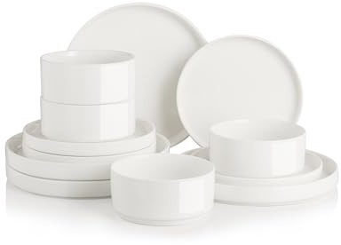Sweejar Porcelain Dinnerware Sets for 4, 12 Pieces Ceramic Plates and Bowls Set, Classic Modern Simple Kitchen Dinner Dining Ware Set, Dishwasher and Microwave Safe Dishes Sets(Pure White)