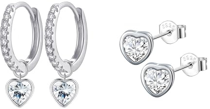 Epoch World 2 par allergivänliga kubisk zirkon 925 silver knoppörhängen hjärta hängande droppe ring 925 sterling silver örhängen hjärta dubbar ringar små huggie sovringar för kvinnor flickor
