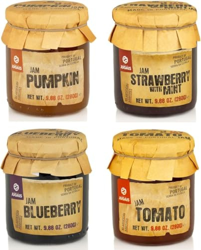 Sélection variée de confitures – Pack de 4 pots de 280 g – Saveurs uniques : Potiron, Fraise à la menthe, Myrtille, Tomate – Sans ingrédients artificiels.