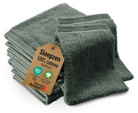 SLEEPZEN - Lot Gant de Toilette Coton Bio (Lot de 10 - Vert Green Bay) Certifié GOTS - 500 g/m² Certifié Oeko-Tex - Gants de Toilette Ultra-Absorbant - Extra Doux - Fabriqué au Portugal