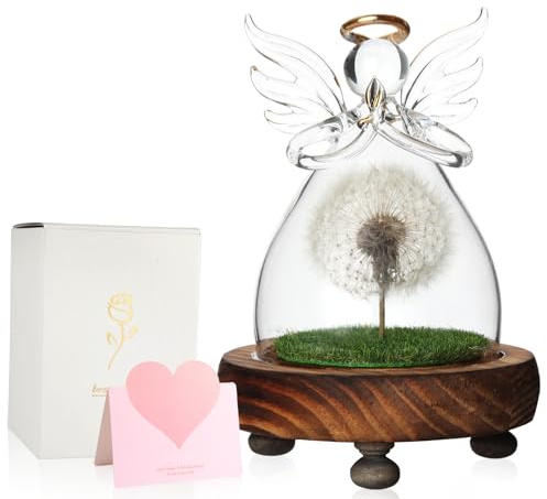 MARZIUS Glas-Engel-Figur | Echte Pusteblume im Glas, Ewige Blume Deko Nachtlicht LED | Exquisite Geschenkidee für Damen, Wunscherfüller