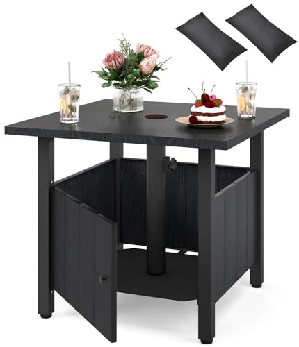 COSTWAY Sidobord utomhus, väderbeständigt trädgårdsbord i metall med parasollhål och 2 sandpåsar, litet balkongbord, soffbord för trädgård, balkong, terrass (55,5 x 55,5 x 48 cm)