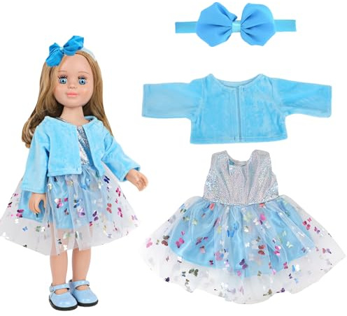 3 Stück Puppenkleidung 43 cm Outfit mit Mantel Kleid Haarband, Klassiker Puppen Zubehör Puppenkleider, Puppen Kleidung, Puppen Kleider für Kinder Mädchen Jungen (Blauem)