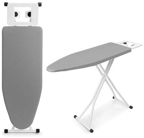 Trintion Bügelbrett 110 x 38 x 64-77 cm 6-Fach höhenverstellbar rutschfeste Gummifüße Baumwollbezug mit Bügeleisenablage Tischplatte Universalbügelbretter Bügelbrettablage (Grau)