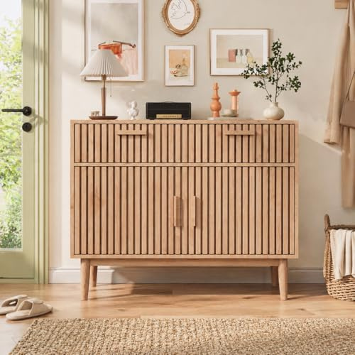 SUNFECILI Holz-Sideboard mit 2 Schubladen und Doppeltür, freistehend Küchenschrank,Holz Buffetschrank mit Arbeitsplatte Aufbewahrungsschrankfür Wohnzimmer, Esszimmer, Flur (Naturholzfarbe, Sideboard)