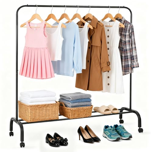 Clothes Rail, Lychico Free Standing Clothing Rail with Shelves, Portable Wardrobe with 4 Wheels, Hanging Rail Storage Organiser for Bedroom, Closet, Laundry, 100x40x151cm