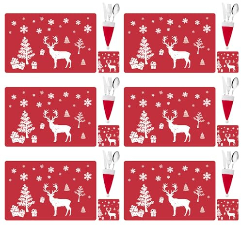 MLPKOI 18 Stück Satz Weihnachten Tischsets, Waschbar Rentier Weihnachts Hitzebeständige Tischsets für Esstisch Dekoration Weihnachtstischmatten und Untersetzer