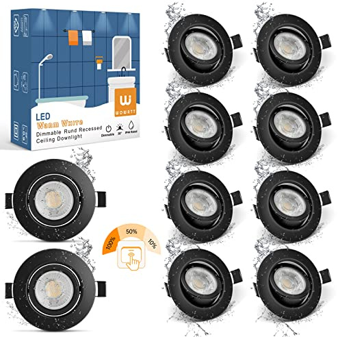 wowatt 10er LED Einbaustrahler 230V 3 Stufe Dimmbar, 7W LED Spots Schwarz | Flach IP44 Einbauleuchten 700LM Ersetzt 70W, Einbauspots Warmweiß 2800K Deckenspot Schwenkbar Rund 68mm für Badezimmer