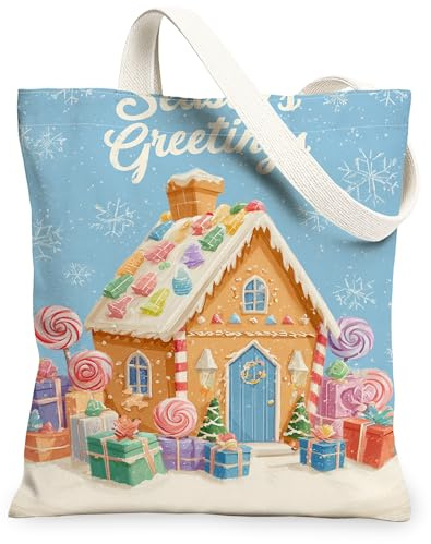 Sacs fourre-tout en toile motif maison de pain d'épice de Noël, sacs d'épicerie, réutilisables, lavables, légers pour voyage, 33 x 38 cm
