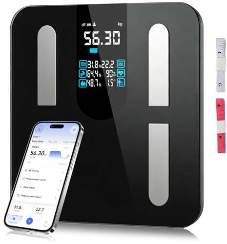 Körperfettwaage, Smart Waagen mit körperfett und muskelmasse, BMI, Viszerales Fett, Körperwasser(25 Körperwerte) - Körperanalysewaage mit 4-Elektroden BIA Technologie, Personenwaage bis 225kg Schwarz