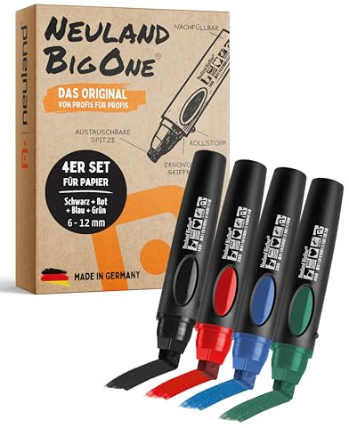 Neuland BigOne® Flipchartmarker I Mehrfarbiges 4er Set mit Keilspitze 6-12 mm I Nachfüllbarer Marker für Trainer, Moderatoren & Coaches I Ergonomischer & langlebiger Flipchartstift