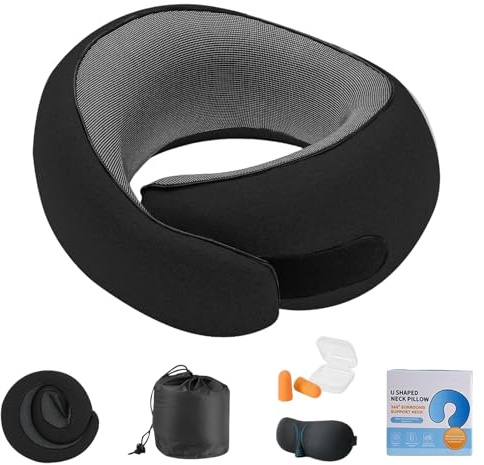 Dreamjoys Neppy Reisekissen–Der ergonomische Travel-Pillow für erholsamen Schlaf auf Reisen im Flugzeug,Bahn & Auto Mit 360°Nackenstütze,3D-Augenmaske&Ohrstöpseln.Komprimierbar&platzsparend(Schwarz)