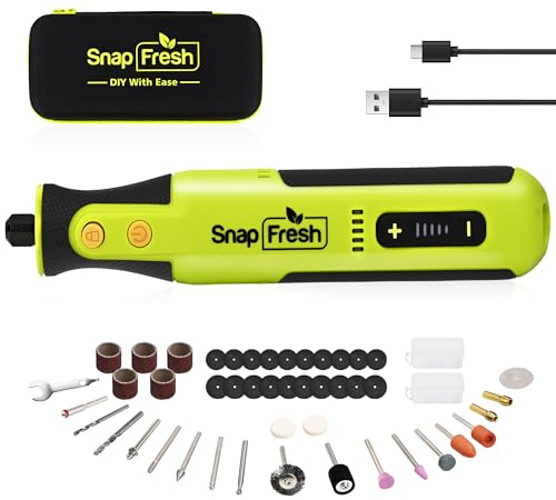 SnapFresh Rotationswerkzeug Akku 8V Set mit 46 Zubehörteilen, 0,26 kg leicht, bis zu 40Min Laufzeit, variable Drehzahl 5.000–28.000 U/min, Drehzahlspeicher, zum Schleifen, Gravieren, Polieren & Bohren