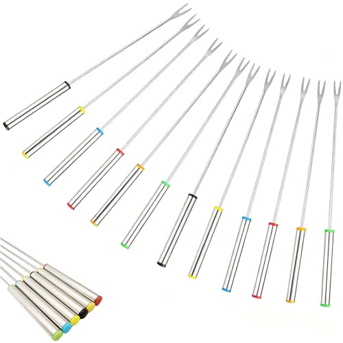 12PCS 9.5 Inch Color-Coded Stainless Steel Fondue Forks - Heat-Resistant Handle for Cheese Fondue, Chocolate Fountain, Smores, Marshmallows, Fruits & Desserts
