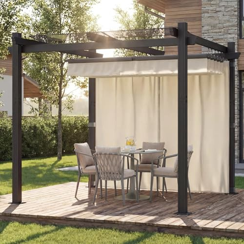 TRIUMPHKEY Pergola Pavillon 3x3m wasserdicht stabil Winterfest, Gartenpavillon Aluminium mit Schiebedach und Seitenwand, Sonnenschutz für Garten Terrasse & Balkon, Beige