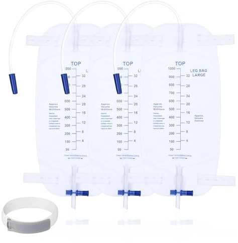 Rayakt 3Pcs 1000ml Urinary Drainage Bag, Urine Bag with Anti-Reflux Chamber, Individually Sealed Leg Bags with T-Tap Valve & 30cm Tube for Home