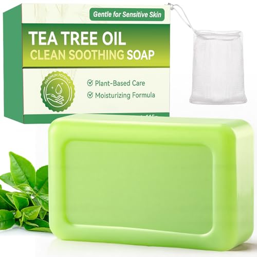 Teebaumöl Seife, Natürliche Bio Teebaumölseife für Gesicht, Körper und Hände, Handgefertigt Tea Tree Soap Bar mit einem Schaumnetz, Tiefenreinigend Gesichtsseife, Gegen Akne, Körpergeruch & Juckreiz