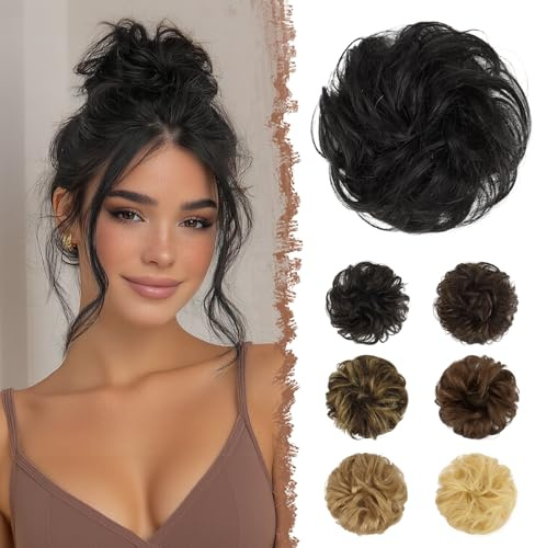 FESHFEN Human Messy Buns - 100% Human Hair Bun Real Scrunchies Hair Pieces Ponytail Extensions Wavy Tousled Updo Chignon Hairpieces for Women, Natural Black