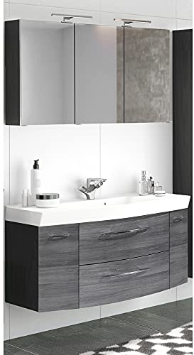 Lomadox Badmöbel Waschplatz Set in Eiche Rauschsilber Nb. & Graphit 120cm Waschtisch-Unterschrank & Waschbecken LED-Spiegelschrank & 3D-Ansicht und Steckdose