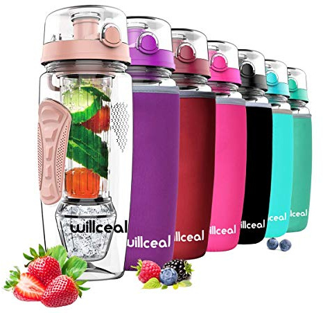 willceal Infusor de frutas Botella de agua de 32 oz,Durable con bola de gel de hielo desmontable, grande - Tritan libre de BPA, tapa abatible, diseño a prueba de fugas - Deportes, Camping (Oro)