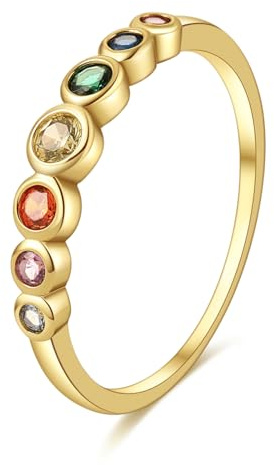 E Bunte Ring Silber 925 Damen Eternity Jubiläums Promise Ringe, 14 Karat Vergoldet Silber Rainbow Regenbogen Ring für Frauen