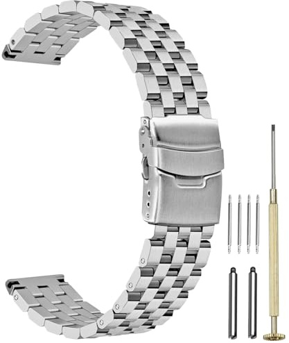 Juntan Fünf Reihen Edelstahl Uhrenarmband 18mm 20mm 22mm 24mm Metall Uhr Ersatzband mit Einsatzverschluss Uhrenarmbändern für Männer Frauen Schwarz Silber