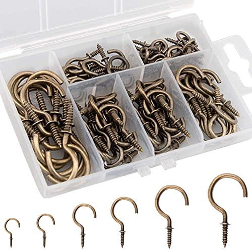 LUTER 120 Stück Deckenhaken, 6 Größen von Becherhaken mit einer Aufbewahrungsbox, Bronze Vintage Pflanzenschraubenhaken, für Den Innen- und Außenbereich, Teetasse, Pflanze, Licht