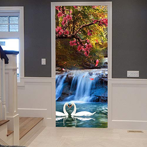 A.Monamour Türtapete Selbstklebend Türfolie Türposter 3D Bunte Wald Bäume Berg Wasserfall Schwan Paare Im See Vinyl Folie Türdeko Tapete Wandbild Türaufkleber Türtattoo 77 x 200 cm