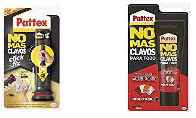 Pattex No Más Clavos Click&Fix, adhesivo de montaje de fácil uso, pegamento instantáneo listo para usar + No Mas Clavos Para Todo HighTack Adhesivo de montaje resistente a temperaturas extremas