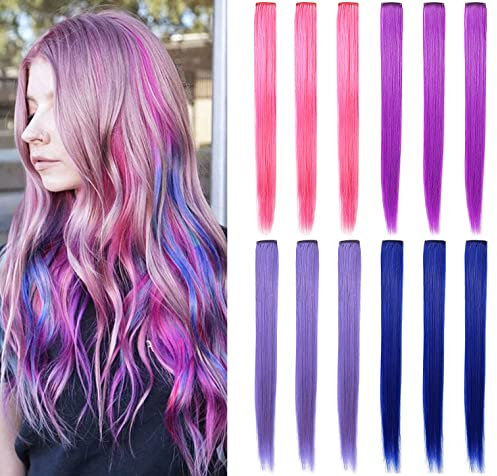 SHKJCHP Farbige Haarverlängerungen Clip Mädchen Damen Zubehör 55cm Lange Gerade Haarteile Haarschmuck 12 Stück (Rosa, Lavendel, Lila, Blau)