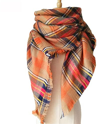 Winter Damen Schal Kariert übergroßer Dreieck Winterschal Herbstschal Quadratisch Deckenschal mit Quasten,Karo Tartan Streifen Plaid Muster Fransen Poncho Cape Halstuch Halstücher 140cm,Orange