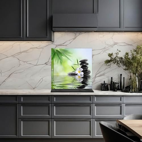 banjado Küchenrückwand Glas ohne Bohren 70x70cm – Glasrückwand Küche mit Motiv Steine & Relax/Spritzschutz Küchenrückwand Glas/selbstklebende Küchenrückwand Platte - magnetisch & beschreibbar