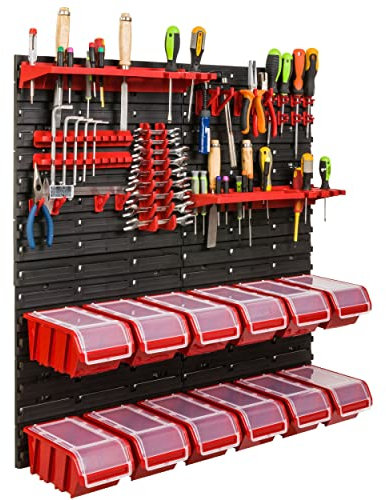 Lagersystem Werkstattregal | 78 x 78 cm | 12 stck. Box | Wandregal mit Werkzeughalterungen und Stapelboxen - Wandplatten Extra Starke Schüttenregal Warkzeuglochwand Lagerregal Garage Regal (2)