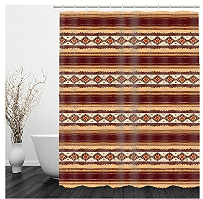 Banemi Lange Duschvorhänge, Wannen Duschvorhang Braun Retro Geometrische Figuren Polyestergewebe 150X180cm für Eck Dusche mit 12 Duschvorhangringen