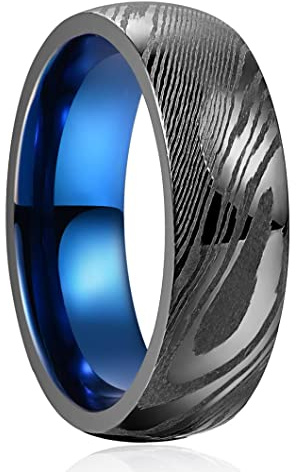 VAKKI 8mm Bague en Acier Damas Bague en Tungstène Noir + Blaue Homme/Femme pour Mariage Fiançailles Tailles 54 (17.2)