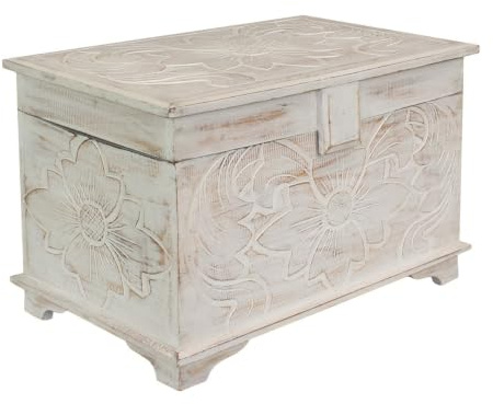 Oriental Galerie Truhe Holzkiste Holztruhe Schatztruhe Kiste Box Palmenholz Holzbox Blumen Schnitzereien Shabby Used Look Weiß Groß 60 cm