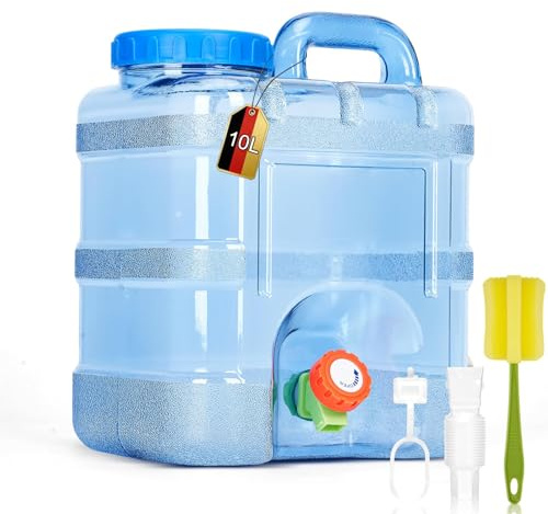 RUYI 10L Wasserkanister mit Hahn und Schraubdeckel, Camping Wasserkanister BPA-frei Trinkwasserkanister, Tragbarer Wassertank mit Griff für Wohnwagen Picknick Wandern, Transparent Blau
