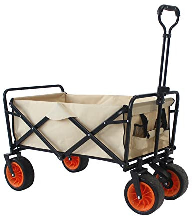 Faltbarer Bollerwagen Faltwagen Handwagen Outdoor, Klappwagen Gartenanhänger mit 8 Rollen für Alle Gelände Draussen Camping Einkaufen, bis 80KG Tragkraft,Beige