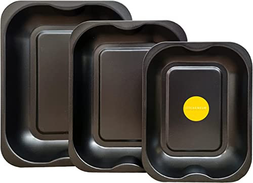 KITCHENEUR®,Set di 3 teglie da forno nere per arrosto, piccole (28 cm), medie (33 cm), grandi (38 cm), teglie da forno, set di vassoi da forno, lavabili in lavastoviglie e facili da pulire