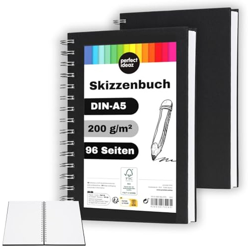 perfect ideaz - Skizzenbuch DIN-A5, Spiralbindung, FSC® zertifiziert, 96 Seite (48 Blatt), Hardcover Schwarz, Sketchbook, 200 g/m² dickes Papier, säurefrei (2 Skizzenbücher)