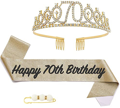 POPOYU Cristal Tiara Kit 70 Ans Couronne Echarpe Diadème pour Femme - Décoration Fête Anniversaire Cadeau Or