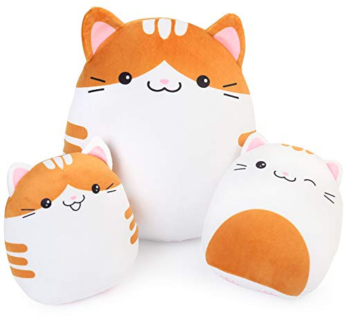 LotFancy Cat Plush Pillow, Stuffed Animals Cat, Plush Soft Toy Set of 3, 30cm and 17cm*2 Squishy Kitty Hugging Pillow for Kids