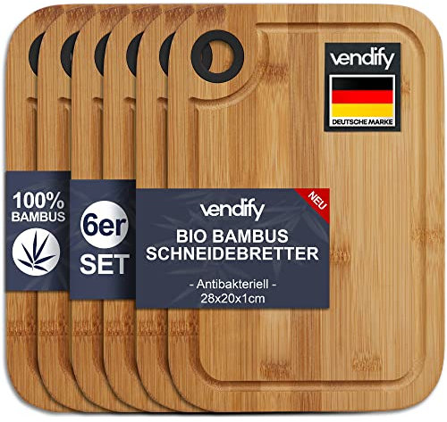 vendify® Frühstücksbrettchen aus Bambus Schneidebrett 6er-Set 28x20 cm - Küchenbretter Set Holz