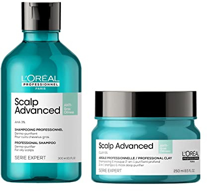 L'Oréal Professionnel Pflegeset zur Reinigung fettiger Kopfhaut & Haare, Scalp Advanced Anti-Oiliness Dermo-Purifier Shampoo & 2in1 Deep Purifier Clay