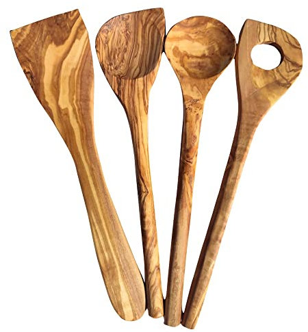4 hochwertiger Kochlöffel - 4Set aus Olivenholz - rund + mit Ecke +Pfannenwender+ Risotto Löffel (4er Set)