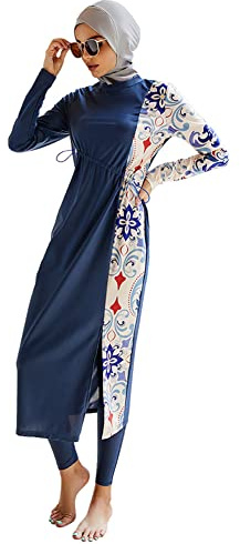 IWEMEK Burkini Damen Muslim Ganzkörper Badeanzüge Langarm Schwimmkleid + Bade Leggings Schwimmhose + Hijab 3tlg Sonnenschutz Bademode Islamische Schwimmanzug Arabisch Badebekleidung Marineblau 01 L