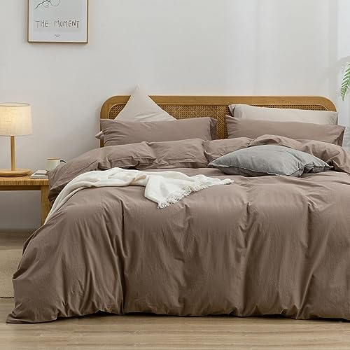 BESTOUCH Duvet Cover Set 100% Washed Cotton Linen Feel Super Soft Comfortable Chic Lightweight 3 PCs Home Bedding Set Solid Pine Bark Brown Queen