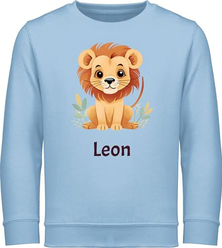 Sweater Kinder Sweatshirt Jungen Mädchen Pullover - Löwen - Süßer Löwe Wildtiere König der Tiere Lion - 116 (5/6 Jahre) - Hellblau - löwenmotiv name kinderpullover tier pulli leo langarm