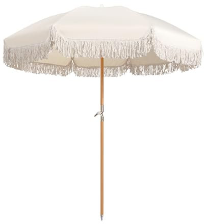 180cm Blanc Parasol De Jardin Avec Frangé Parasol Inclinable Avec 8 Baleines Parasol De Plage Anti Uv Et Vent Parasol De Plage Extérieur Étanche Parasol Balcon Pliable Avec Sac De Transport