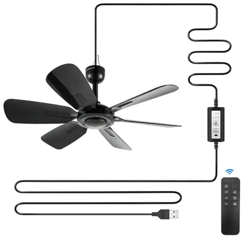 bestmoument 17.7 Inch Portable Ceiling Fan with Remote Control Timing 3 Speed,USB Plug In,5V DC Powered,6 Blades,Indoor/Outdoor RV Camping Tent Canopy,Gazebo,Beach,Hanging,Quiet,black